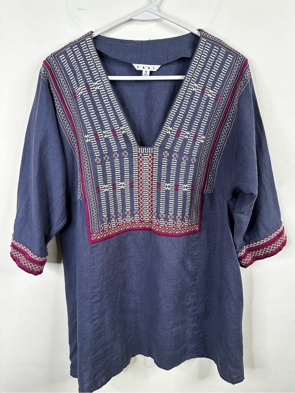 Cabi Linen Tunic Top Womens M Blue Embroidered Breezy Boho Shirt